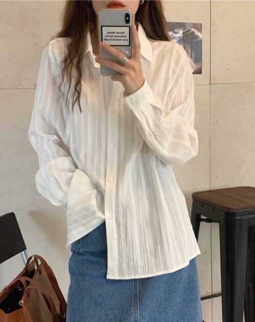 Turn-Down Collar Long Sleeves White Striped Blouse