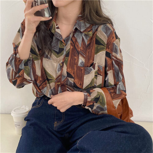 Spring / Autumn Turn-Down Collar Long Sleeves Print Buttons Pocket Blouse - Image 4