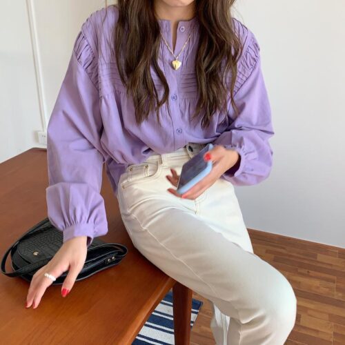 Spring / Autumn Korean O-Neck Long Sleeves Pleated Solid Buttons Blouse - Image 8