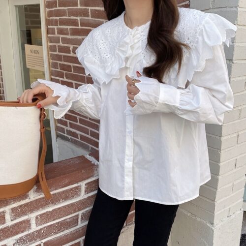 Spring / Autumn Hollow Out Big Lapel Collar Puff Sleeves Loose Solid Blouse - Image 5