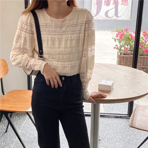 Spring / Autumn Korean O-Neck Long Sleeves Solid Lace Blouse - Image 6