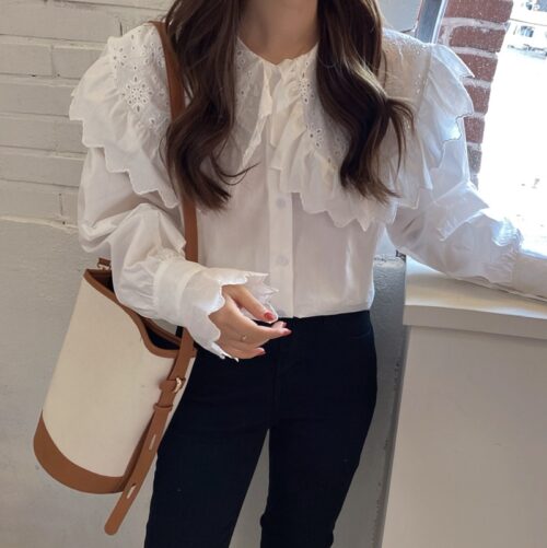 Spring / Autumn Hollow Out Big Lapel Collar Puff Sleeves Loose Solid Blouse - Image 2