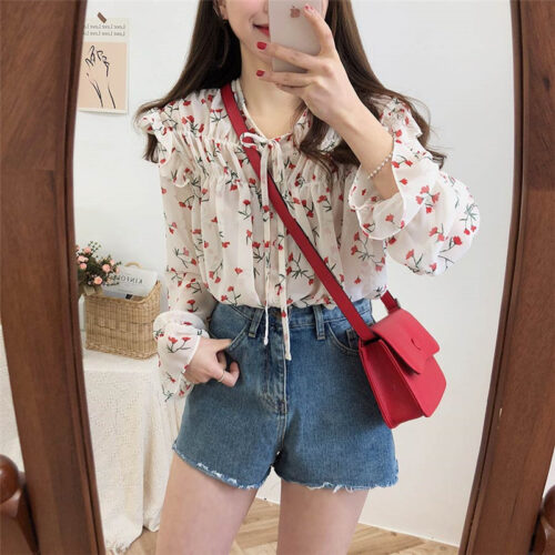 Spring / Autumn Lace-Up Collar Long Sleeves Floral Print Blouse - Image 6