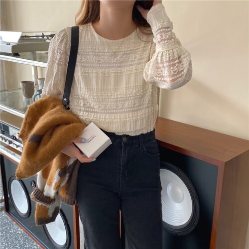 Spring / Autumn Korean O-Neck Long Sleeves Solid Lace Blouse - Image 4