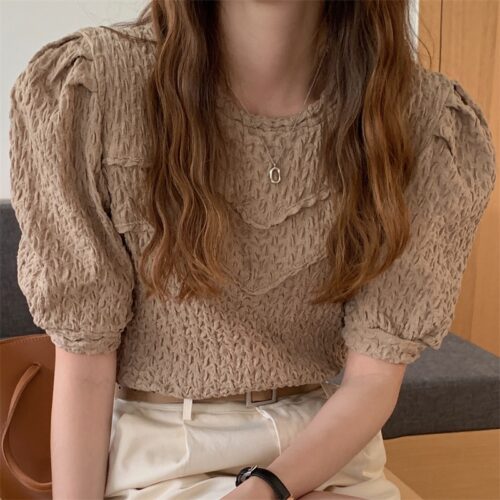 Summer O-Neck Short Sleeves Pleated Blouse