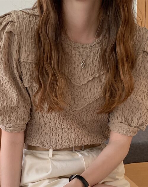 Summer O-Neck Short Sleeves Pleated Blouse