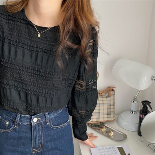 Spring / Autumn Korean O-Neck Long Sleeves Solid Lace Blouse - Image 5
