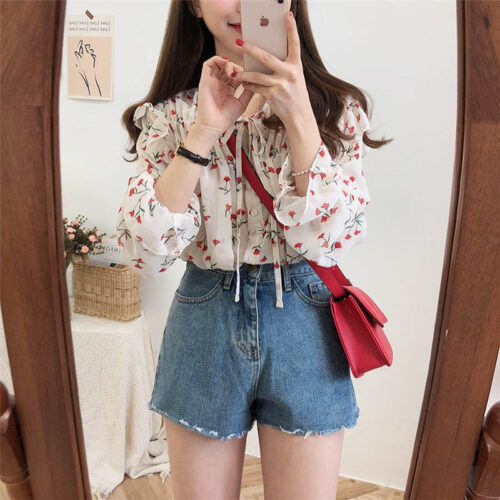 Spring / Autumn Lace-Up Collar Long Sleeves Floral Print Blouse - Image 3