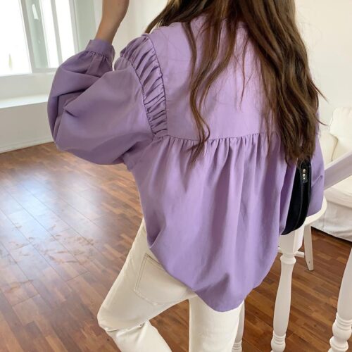 Spring / Autumn Korean O-Neck Long Sleeves Pleated Solid Buttons Blouse - Image 2