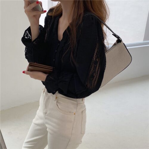 Spring / Autumn V-Neck Long Sleeves Lace Buttons Blouse - Image 2