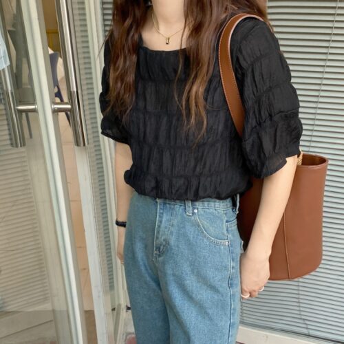 Summer O-Neck Short Sleeves Minimalist Pleated Solid Blouse - Image 4