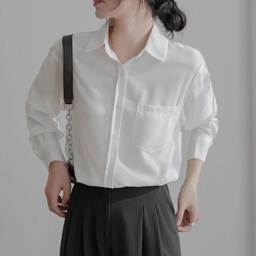 Spring / Autumn Turn-Down Collar Long Sleeves Solid Pocket Blouse - Image 7