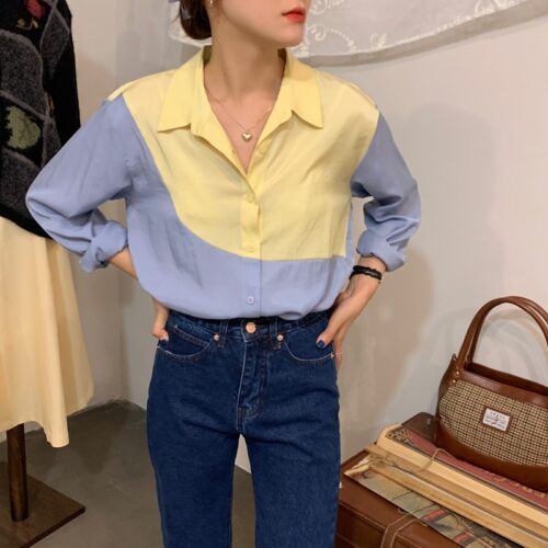 Spring / Autumn Turn-Down Collar Long Sleeves Patchwork Hit Color Blouse - Image 4