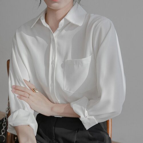 Spring / Autumn Turn-Down Collar Long Sleeves Solid Pocket Blouse - Image 3