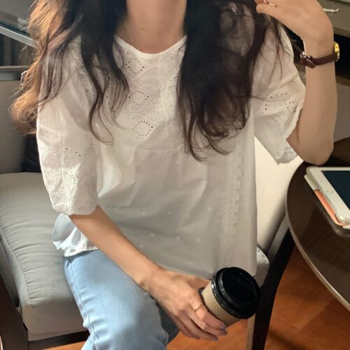 Summer O-Neck Short Sleeves Cotton Hollow-Out Blouse - Image 5