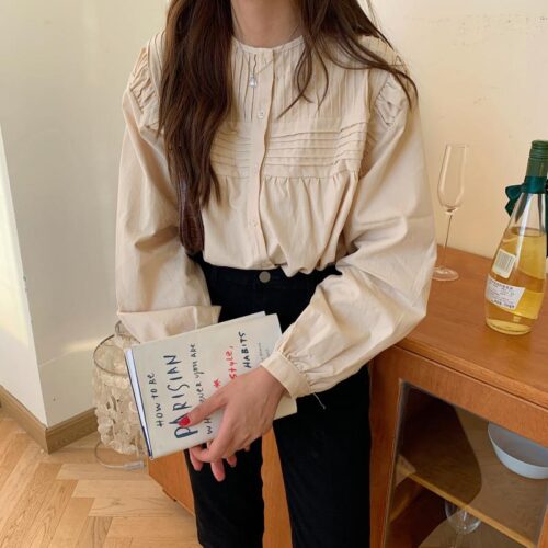 Spring / Autumn Korean O-Neck Long Sleeves Pleated Solid Buttons Blouse - Image 6