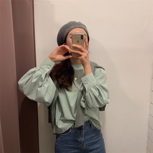 Spring / Autumn O-Neck Long Sleeves One-Button Cuffs Loose Plaid Blouse - Image 2