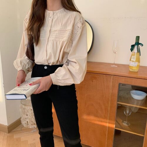 Spring / Autumn Korean O-Neck Long Sleeves Pleated Solid Buttons Blouse - Image 7