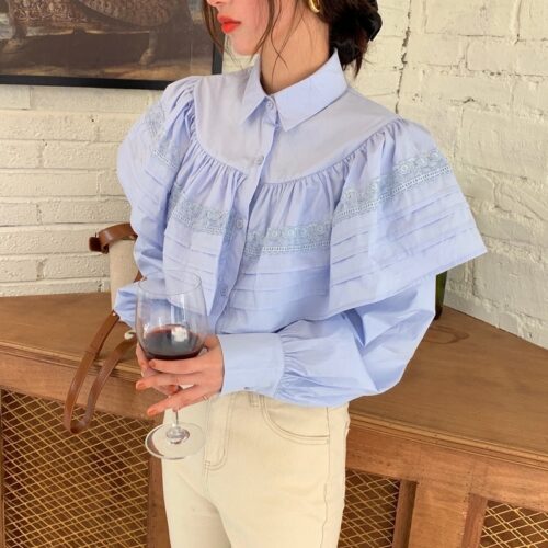 Spring / Autumn Turn-Down Collar Long Sleeves Loose Cape Solid Buttons Blouse - Image 5