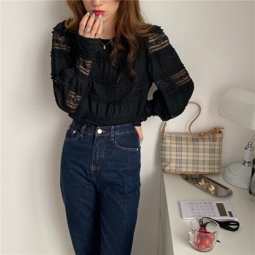 Spring / Autumn Korean O-Neck Long Sleeves Solid Lace Blouse - Image 3