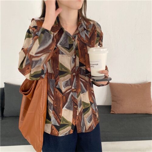 Spring / Autumn Turn-Down Collar Long Sleeves Print Buttons Pocket Blouse - Image 3