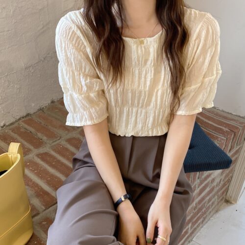 Summer O-Neck Short Sleeves Minimalist Pleated Solid Blouse - Image 2