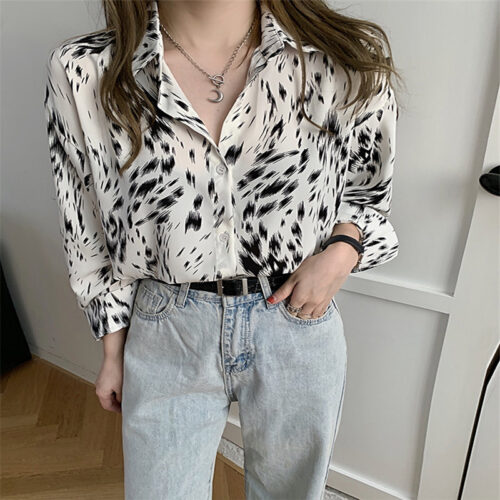 Spring / Autumn Korean Turn-Down Collar Long Sleeves Abstract Print Blouse - Image 4