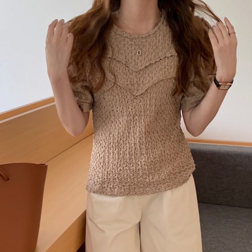 Summer O-Neck Short Sleeves Pleated Blouse - Image 6