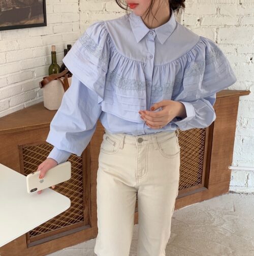 Spring / Autumn Turn-Down Collar Long Sleeves Loose Cape Solid Buttons Blouse - Image 6