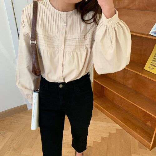 Spring / Autumn Korean O-Neck Long Sleeves Pleated Solid Buttons Blouse - Image 5
