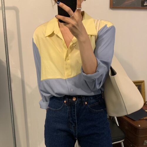 Long Sleeves Patchwork Hit Color Blouse