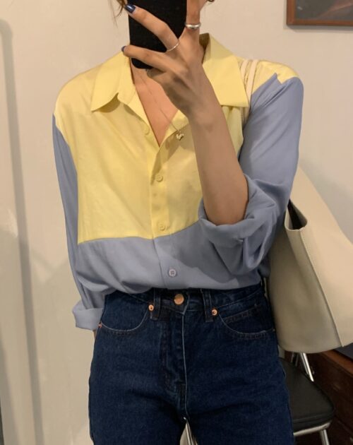 Long Sleeves Patchwork Hit Color Blouse