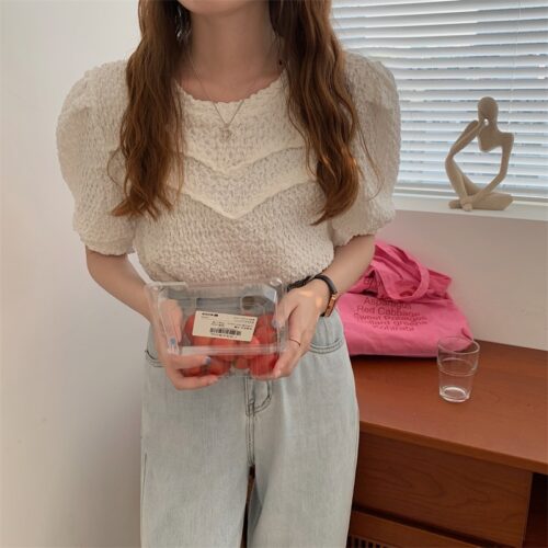Summer O-Neck Short Sleeves Pleated Blouse - Image 3