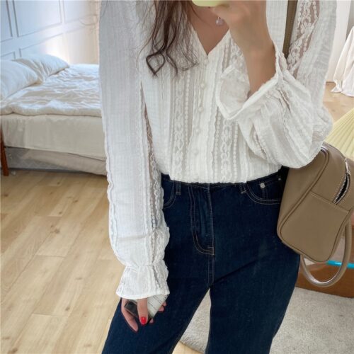 Autumn V-Neck Long Sleeves Lace Buttons Blouse