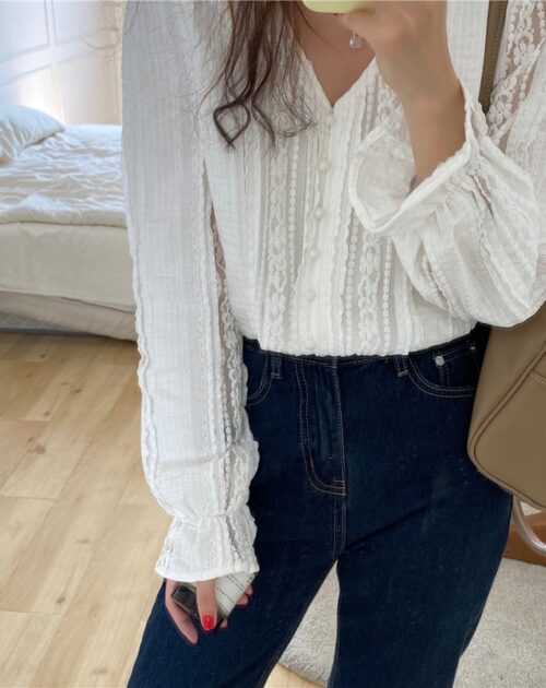 Autumn V-Neck Long Sleeves Lace Buttons Blouse