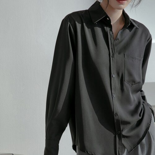Spring / Autumn Turn-Down Collar Long Sleeves Solid Pocket Blouse - Image 2