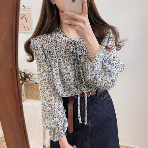 Lace-Up Collar Long Sleeves Floral Print Blouse