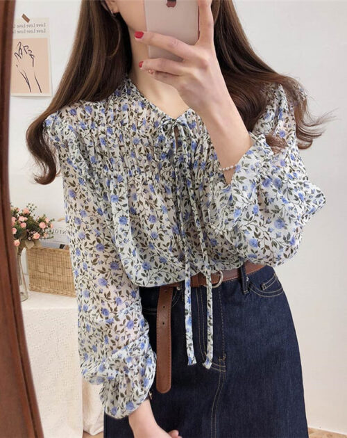 Lace-Up Collar Long Sleeves Floral Print Blouse