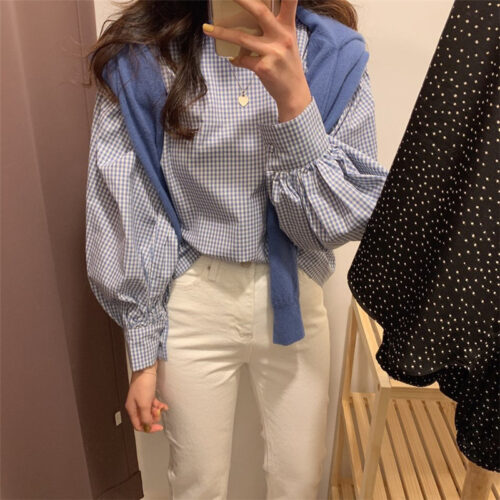 Spring / Autumn O-Neck Long Sleeves One-Button Cuffs Loose Plaid Blouse - Image 5
