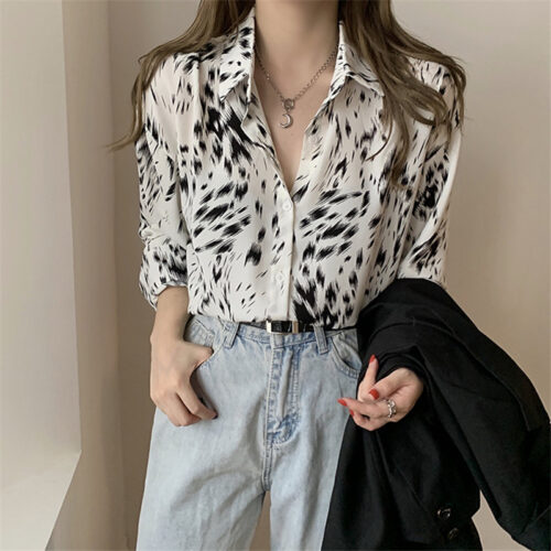Spring / Autumn Korean Turn-Down Collar Long Sleeves Abstract Print Blouse - Image 2