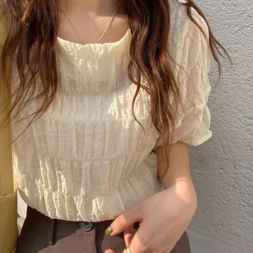 Summer O-Neck Short Sleeves Minimalist Pleated Solid Blouse - Image 3