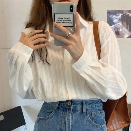 Spring / Autumn Turn-Down Collar Long Sleeves White Striped Blouse - Image 2