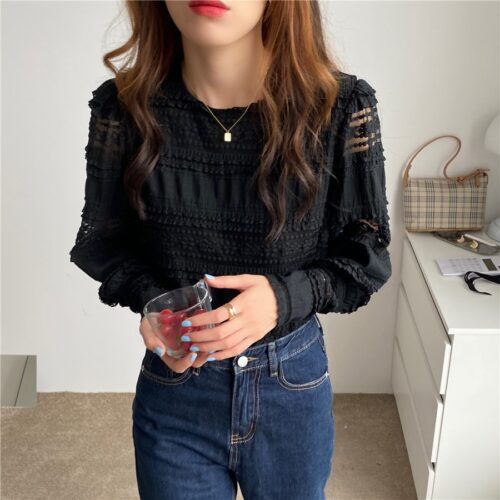 Spring / Autumn Korean O-Neck Long Sleeves Solid Lace Blouse - Image 7