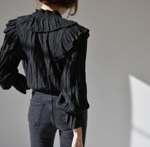 Spring / Autumn V-Neck Long Sleeves Ruffles Pleated Solid Blouse - Image 2