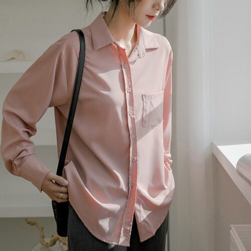 Spring / Autumn Turn-Down Collar Long Sleeves Solid Pocket Blouse - Image 4