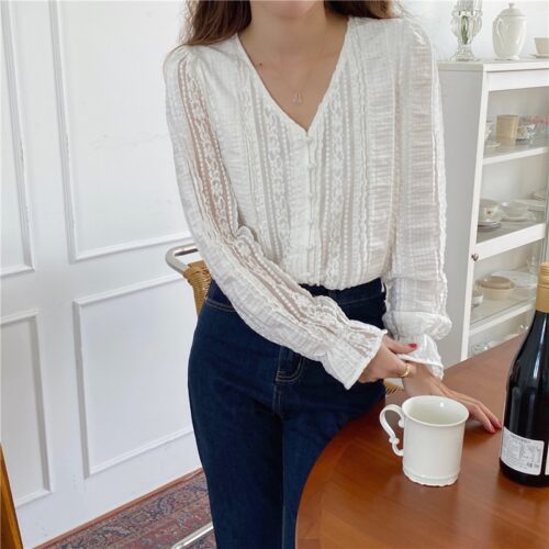 Spring / Autumn V-Neck Long Sleeves Lace Buttons Blouse - Image 4