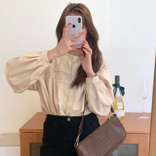 Spring / Autumn Korean O-Neck Long Sleeves Pleated Solid Buttons Blouse - Image 4