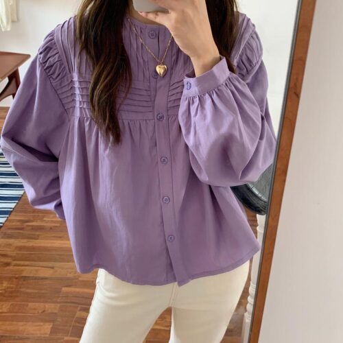 Spring / Autumn Korean O-Neck Long Sleeves Pleated Solid Buttons Blouse - Image 3