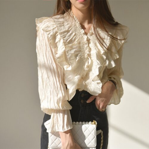 V-Neck Long Sleeves Ruffles Pleated Solid Blouse