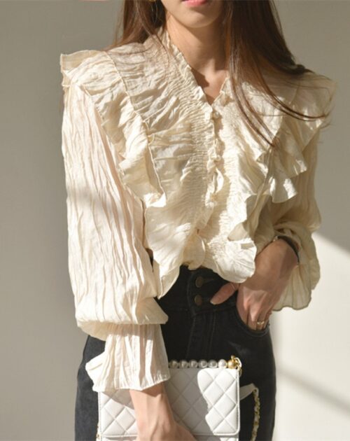 V-Neck Long Sleeves Ruffles Pleated Solid Blouse